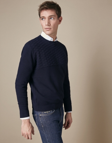 Navy blue horizontal structured cotton sweater
