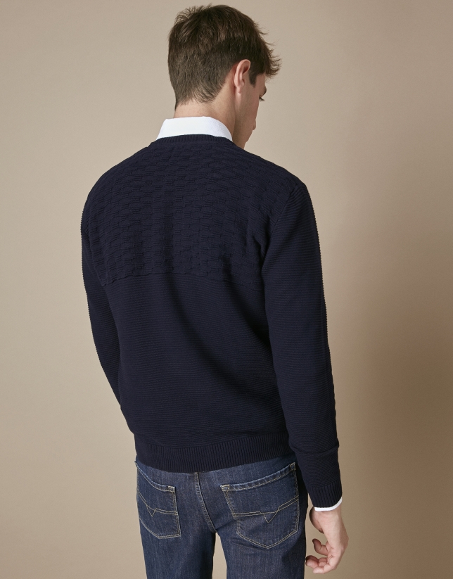Navy blue horizontal structured cotton sweater