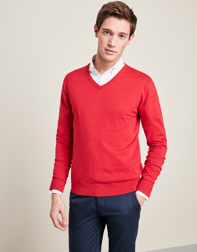 Red V-neck sweater
