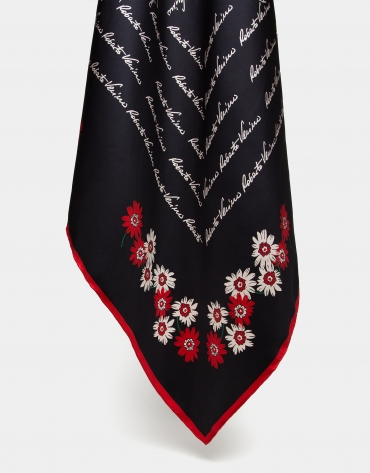 Black silk scarf with signature and floral print