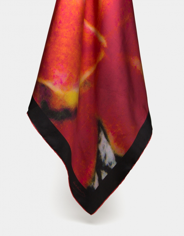 Red floral print silk scarf with border