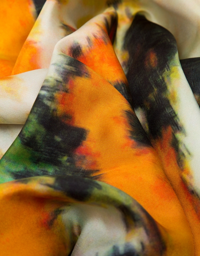 Floral print silk scarf with orange border