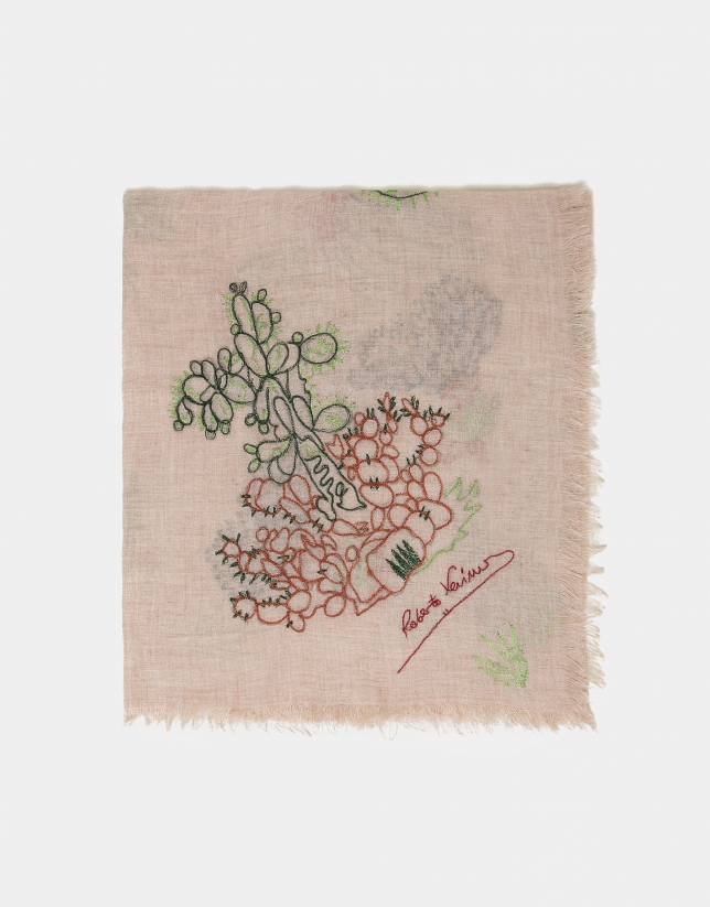 White scarf with embroidered cactus design 