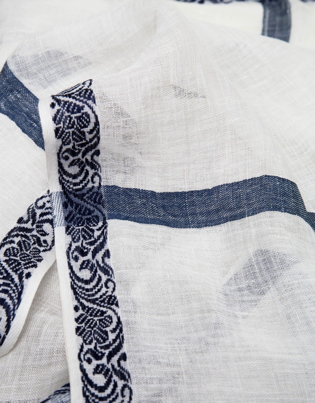 Blue silk and linen geometric jacquard scarf