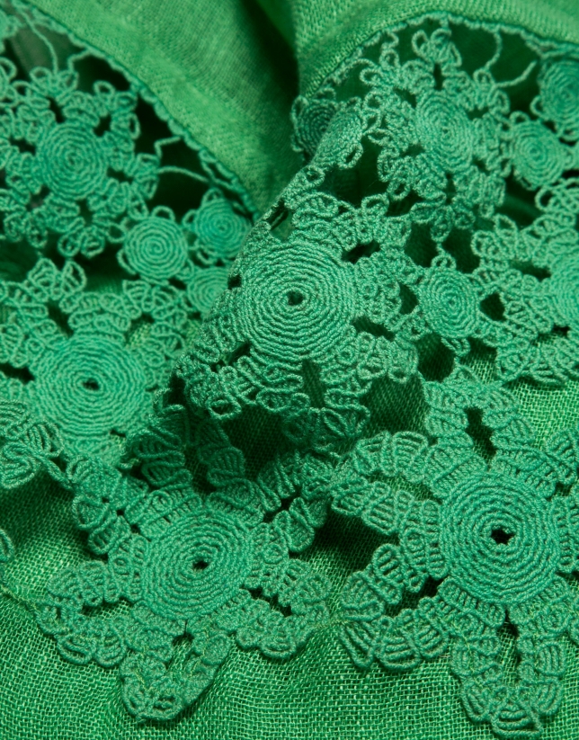 Green crocheted linen and lace scarf