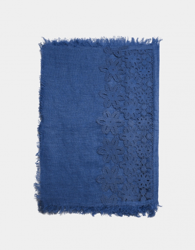 Blue crocheted  linen and lace scarf