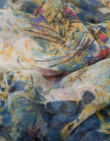Foulard lino/lana/seda estampado floral azul y amarillo