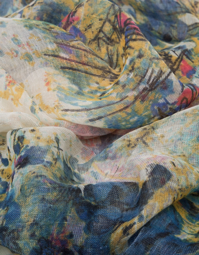 Blue and yellow floral print with linen/wool/silk scarf