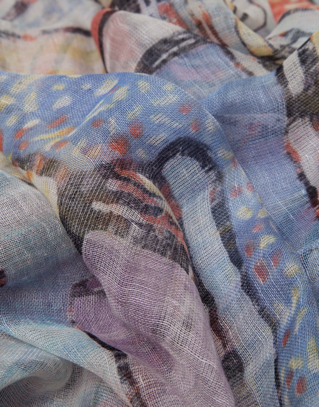 Blue and mauve floral print linen/wool/silk scarf
