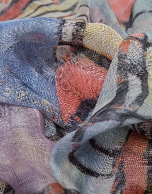 Foulard lino/lana/seda estampado floral azul y malva