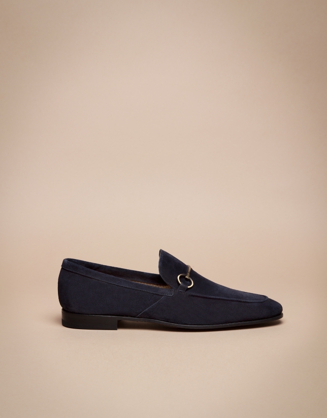 Blue leather moccasins with stirrup