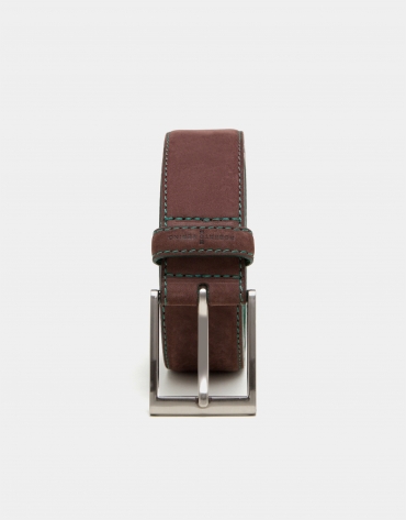 Brown suede belt with green backstitching