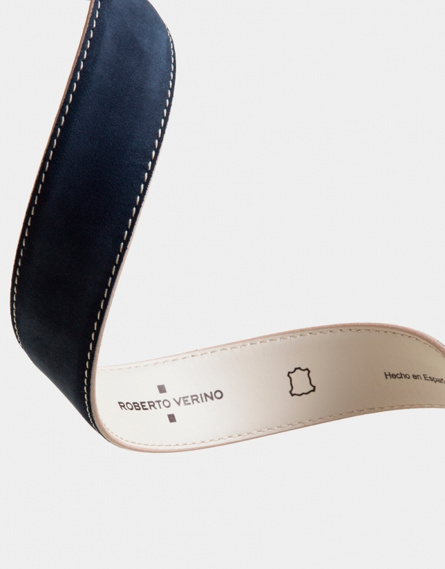 Navy blue suede belt with flax backstitching