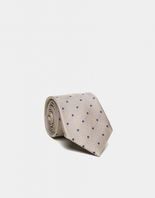 Mink silk tie with jacquard blue dots