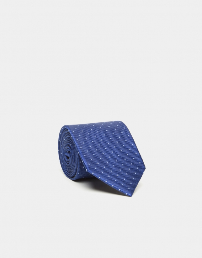 Blue silk tie with light blue jacquard dots
