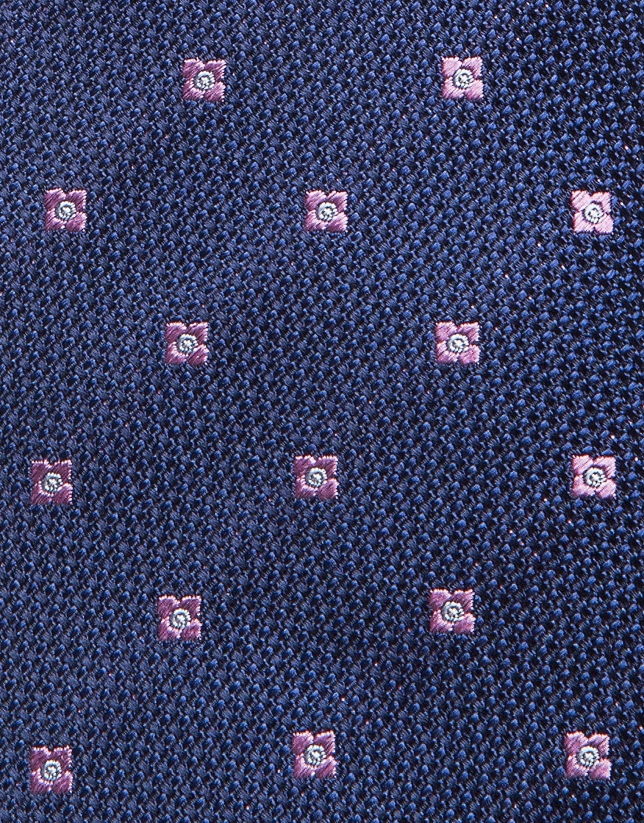 Dark blue silk tie with pink jacquard flowers
