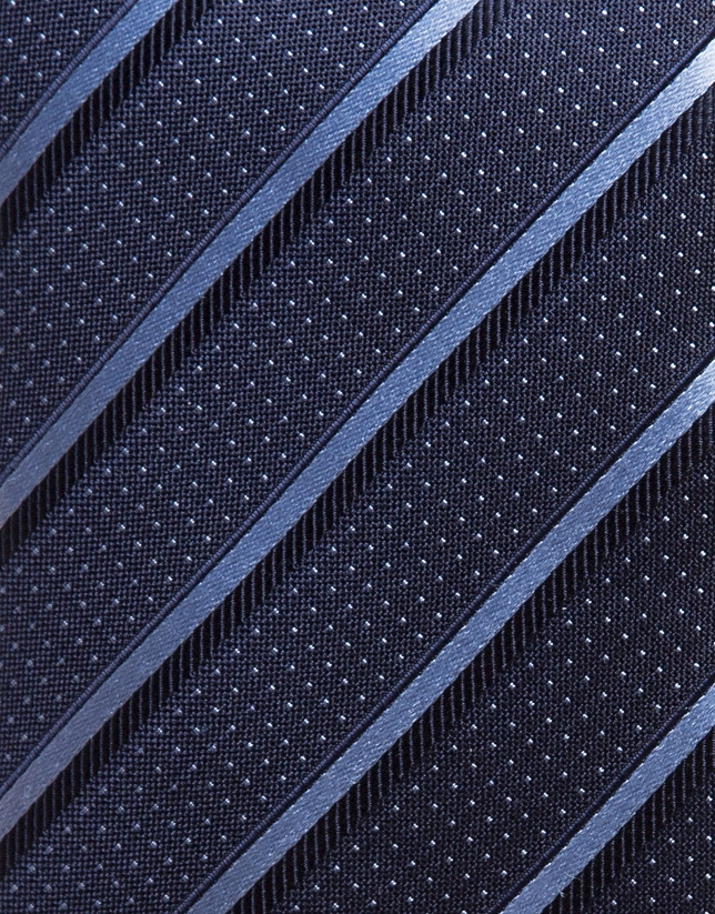 Navy blue silk tie with light blue microdots and navy stripes