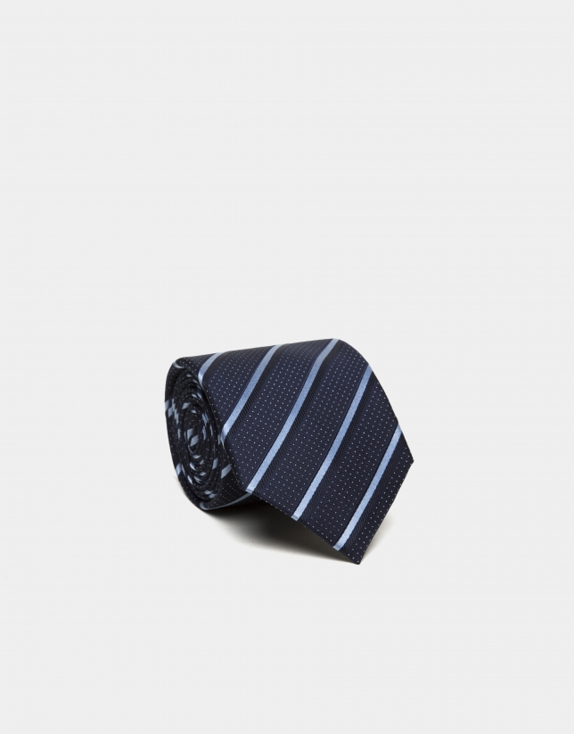 Navy blue silk tie with light blue microdots and navy stripes