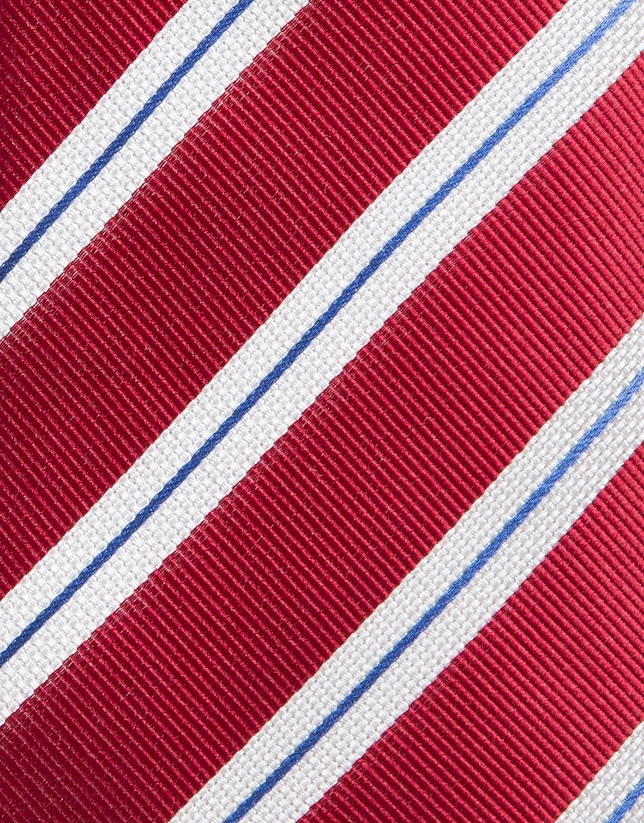 Red silk tie with white/blue stripes