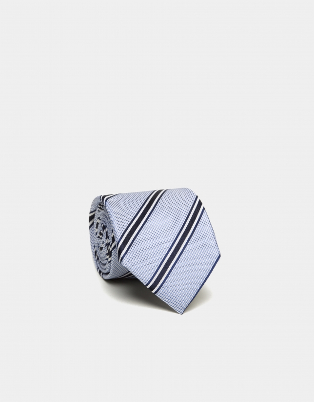 Light blue silk structured tie with navy blue/white stripes