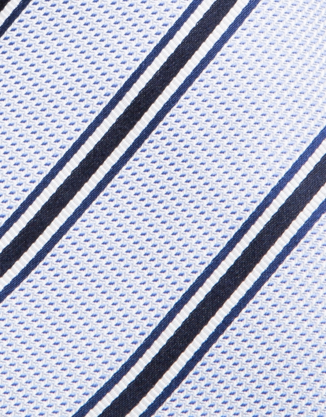 Light blue silk structured tie with navy blue/white stripes