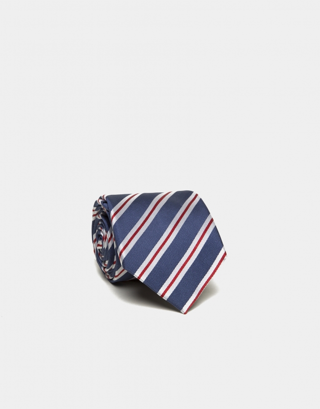 Corbata seda azul medio rayas crudo/rojo