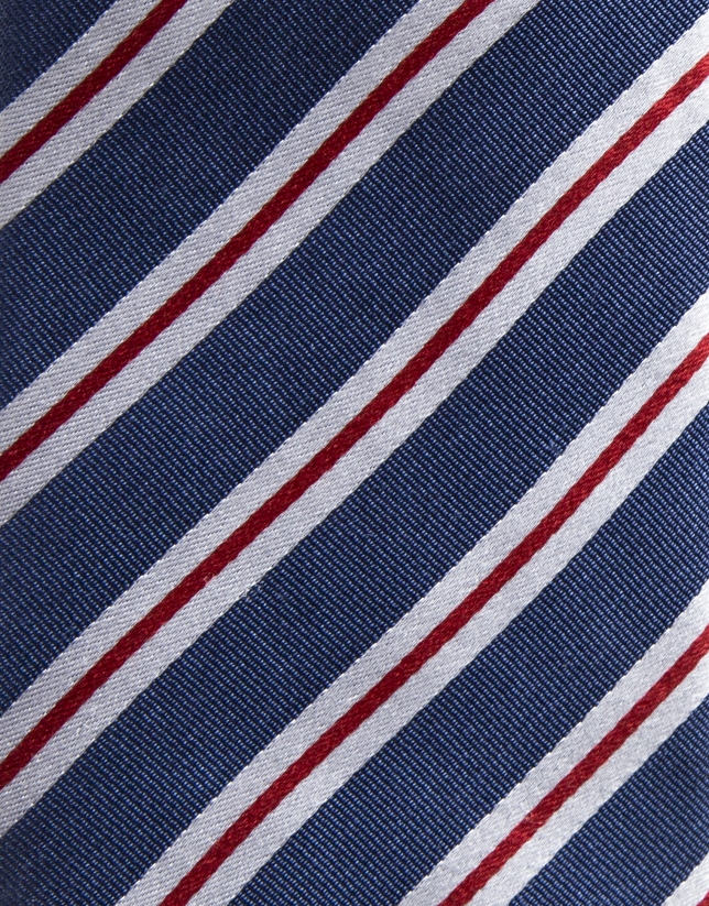 Blue silk tie with beige/red stripes