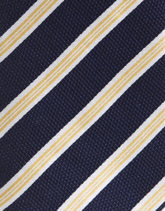 Navy blue silk tie with white/yellow stripes