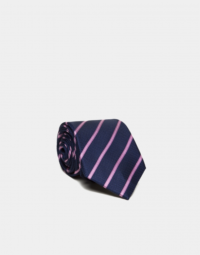 Corbata seda azul medio rayas rosa/crudo