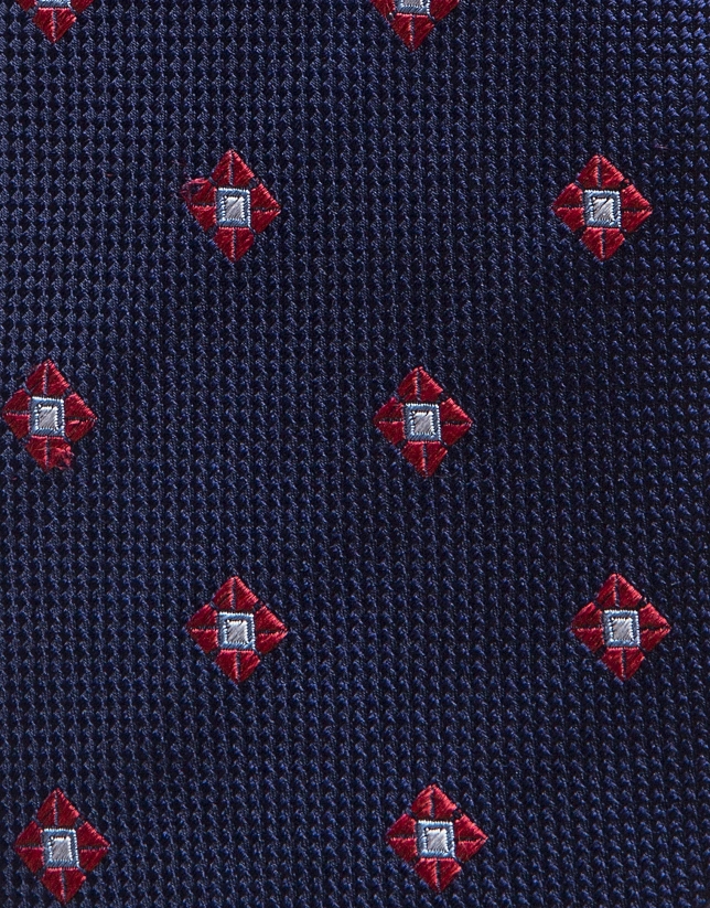 Navy blue silk tie with red/beige jacquard flowers
