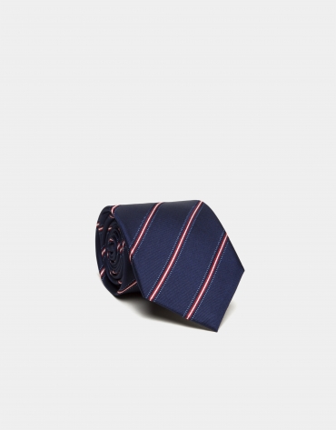 Blue silk tie with red/beige stripes