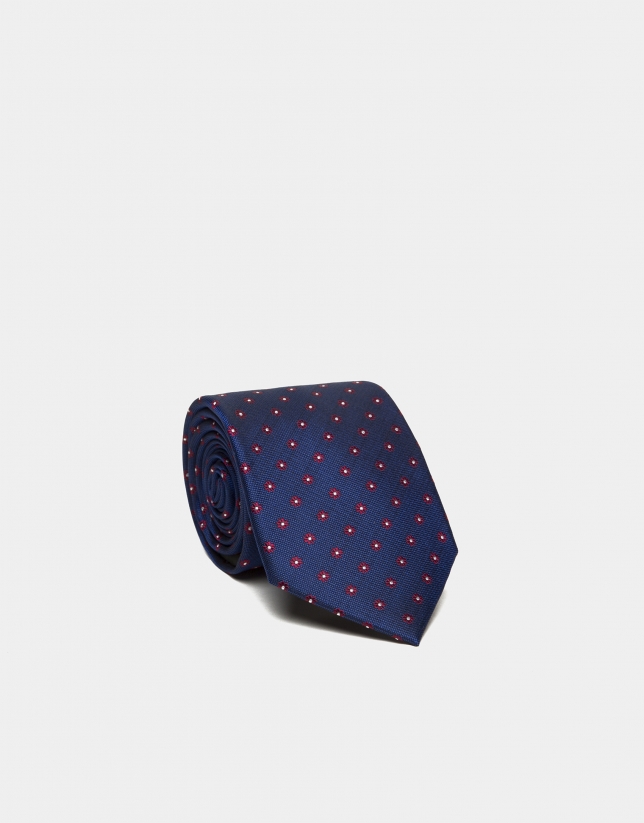 Blue silk tie with red jacquard daisies