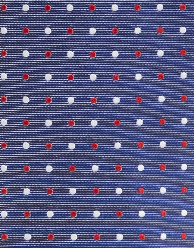 Blue silk tie with red/white dots