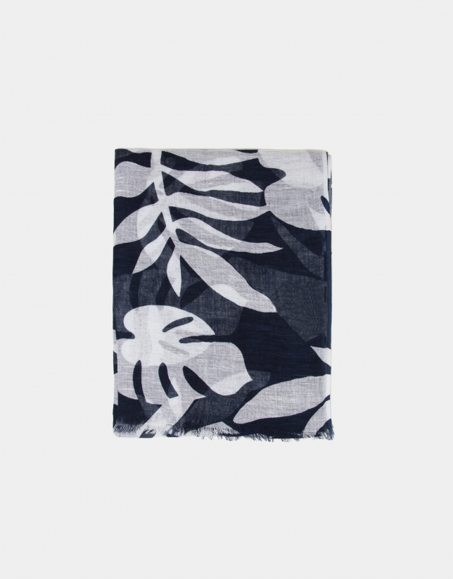 Navy blue cotton/linen scarf with white leaves