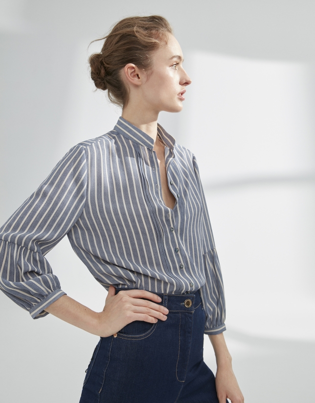 Blue striped painter's smock blouse