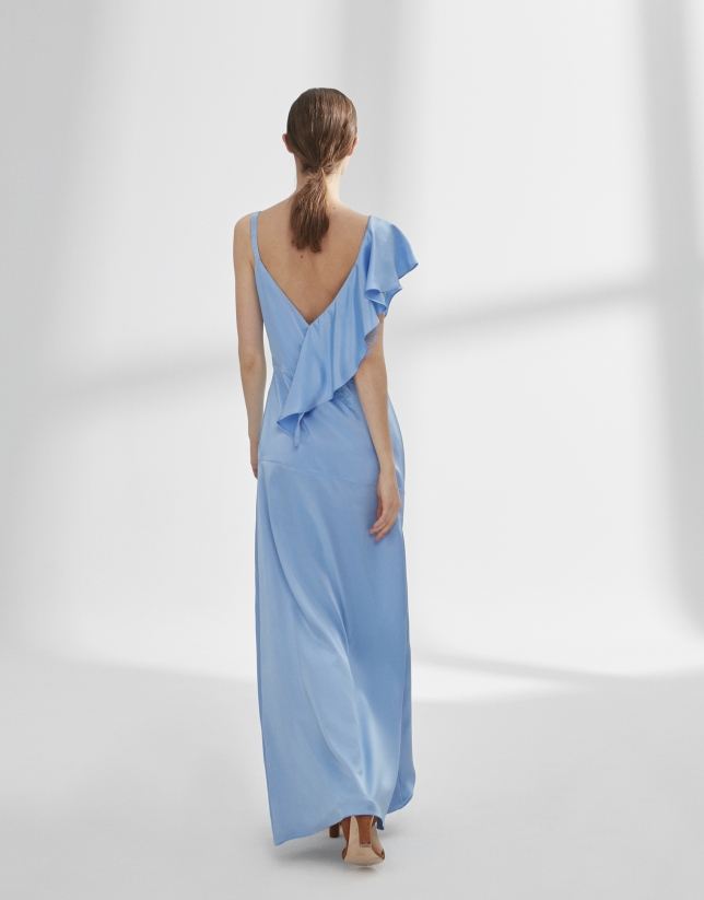 Blue satin dress with flounce
