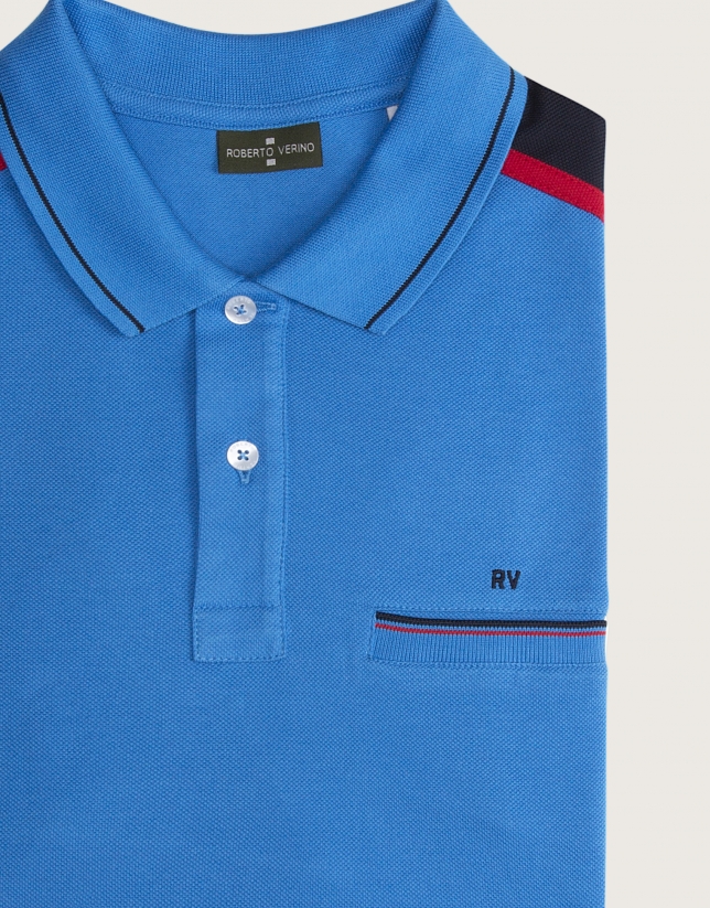 Blue polo with striped shoulders
