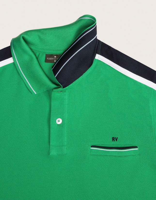 Green polo with striped shoulders