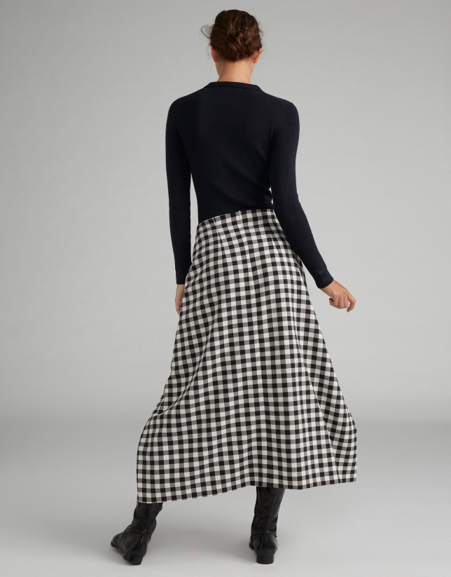 Black and white checked sarong-effect midi skirt