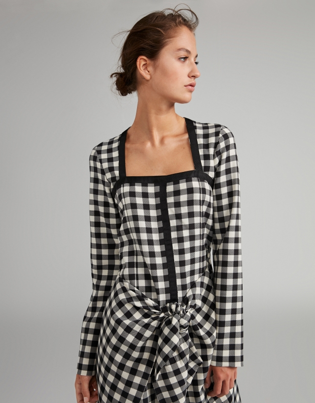 Black and white checked sarong-effect dress