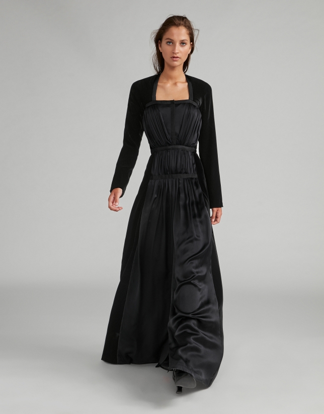Long black satin and velvet dress