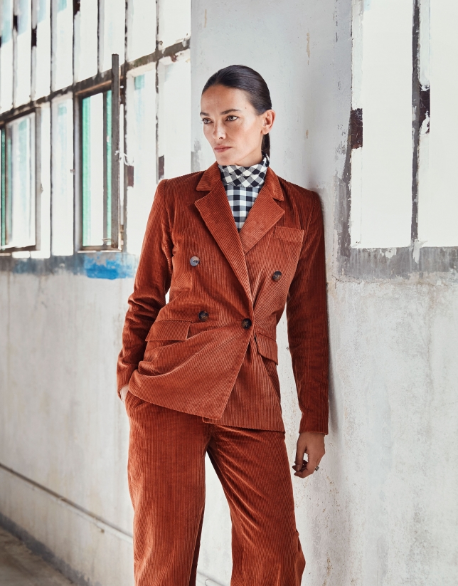 Terra cotta corduroy, double-breasted suit jacket