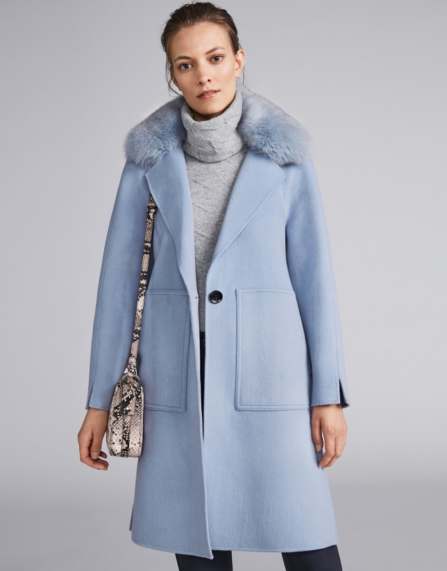 Light blue cloth coat with fur collar