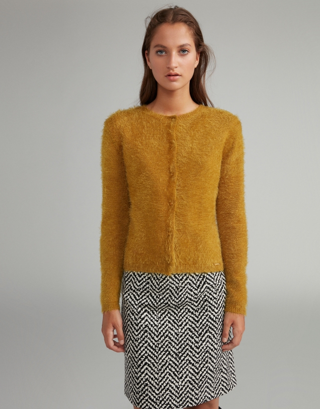 Gold fur-effect knit cardigan