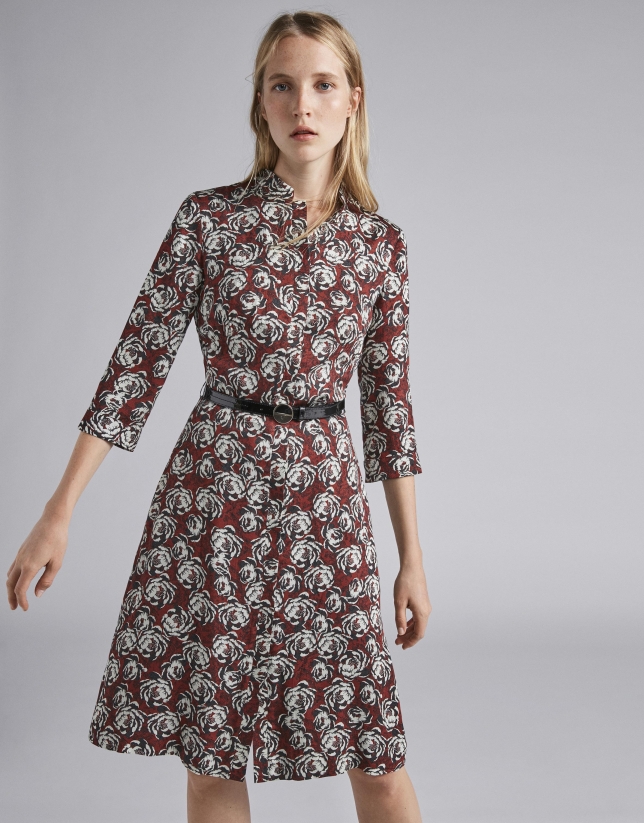 Burgundy midi dress shirt with floral print