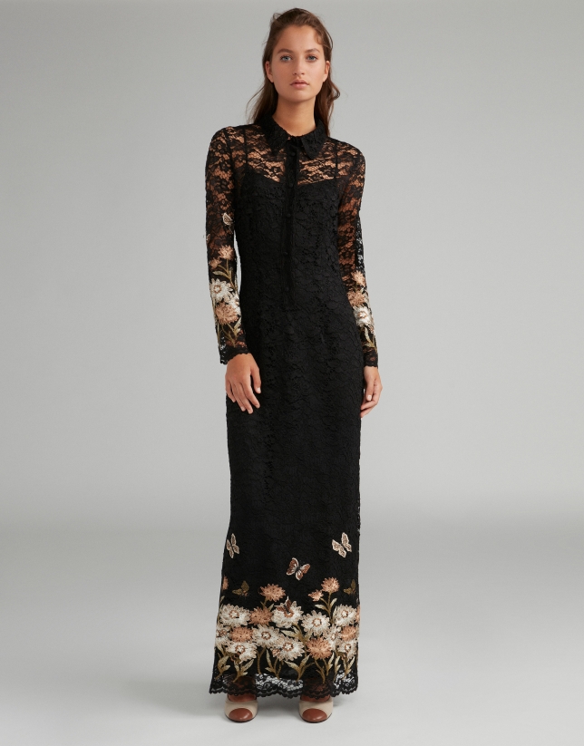 Vestido largo de chantilly color negro - Mujer | Roberto Verino