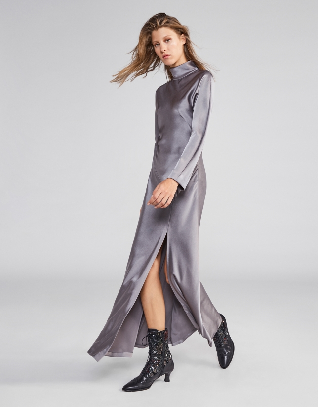 Gray satin dress with slit