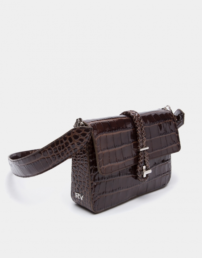 Brown alligator Joyce clutch purse with ties