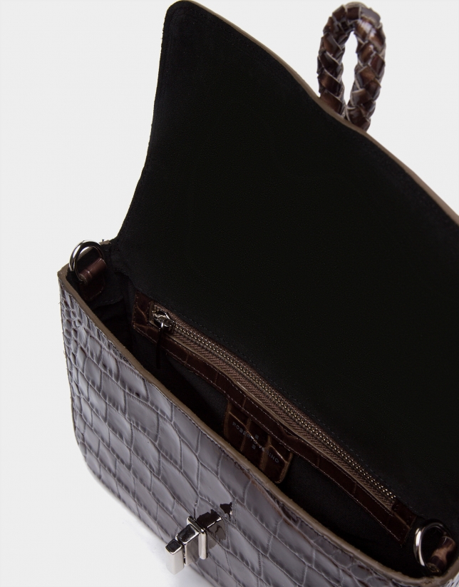 Brown alligator Joyce clutch purse with ties