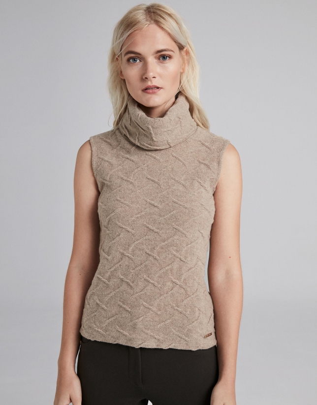 Coffee-colored sleeveless knit top